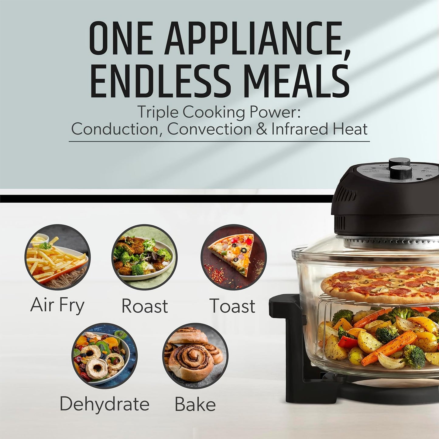 16 Qt Large Glass Air Fryer Non Toxic – Family Sized Airfyrer Cooker with 3 Cooking Sections, Stainless Steel Racks, No Preheat, Self Cleaning, Dishwasher Safe - Black