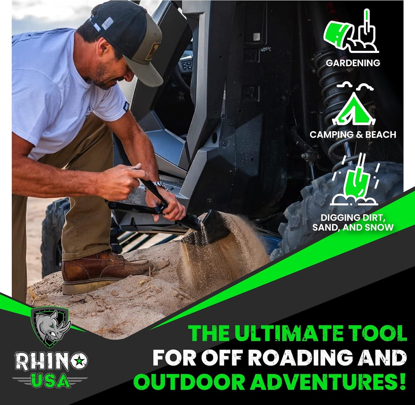 Folding Survival Shovel w/Pick - Heavy Duty Carbon Steel Military Style Entrenching Tool for Off Road, Camping, Gardening, Beach, Digging Dirt, Sand, Mud & Snow.