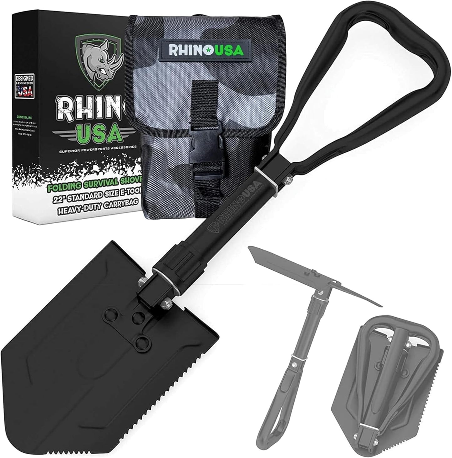 Folding Survival Shovel w/Pick - Heavy Duty Carbon Steel Military Style Entrenching Tool for Off Road, Camping, Gardening, Beach, Digging Dirt, Sand, Mud & Snow.