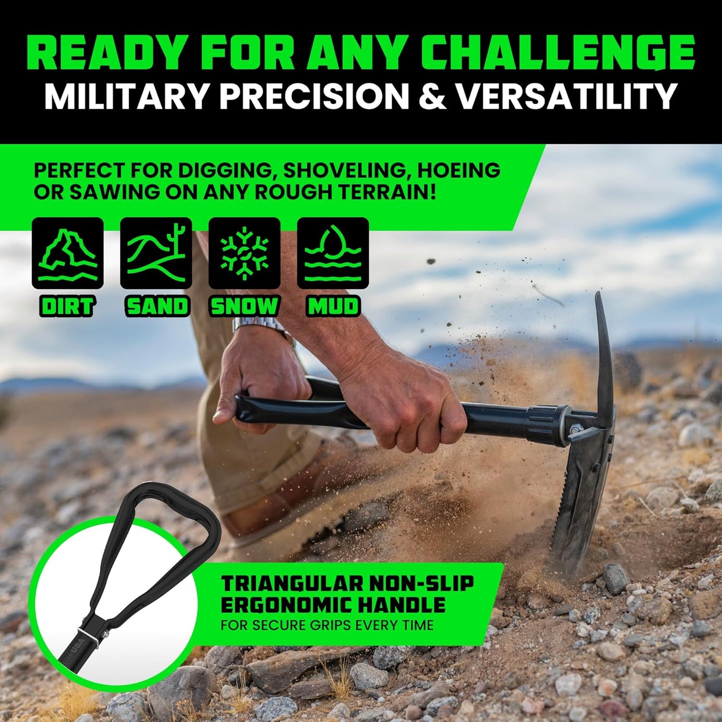 Folding Survival Shovel w/Pick - Heavy Duty Carbon Steel Military Style Entrenching Tool for Off Road, Camping, Gardening, Beach, Digging Dirt, Sand, Mud & Snow.