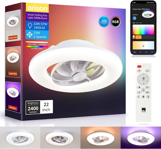 22" 360° Oscillating Ceiling Fan with Light, Rotating Low Profile Flush Mount Ceiling Fan, Smart RGB Ceiling Fans, Alexa&Google Compatible, Dimmable LED, APP/Remote, Modern for Bedroom, White