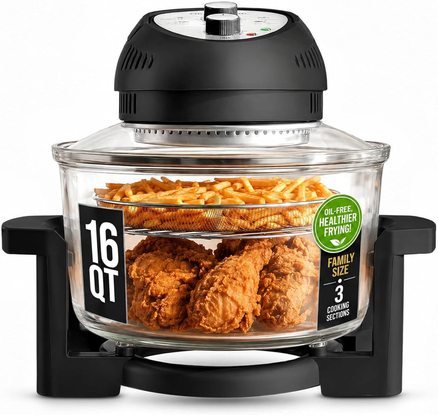 16 Qt Large Glass Air Fryer Non Toxic – Family Sized Airfyrer Cooker with 3 Cooking Sections, Stainless Steel Racks, No Preheat, Self Cleaning, Dishwasher Safe - Black