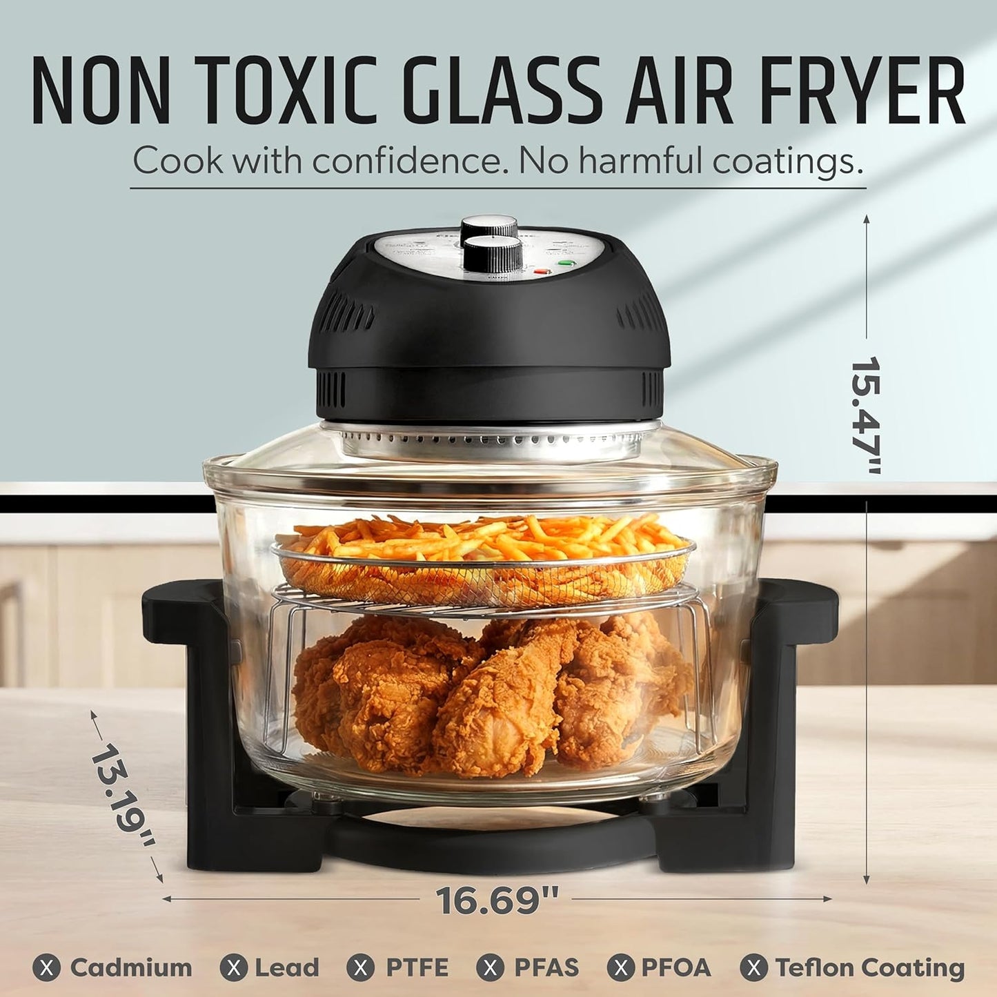 16 Qt Large Glass Air Fryer Non Toxic – Family Sized Airfyrer Cooker with 3 Cooking Sections, Stainless Steel Racks, No Preheat, Self Cleaning, Dishwasher Safe - Black