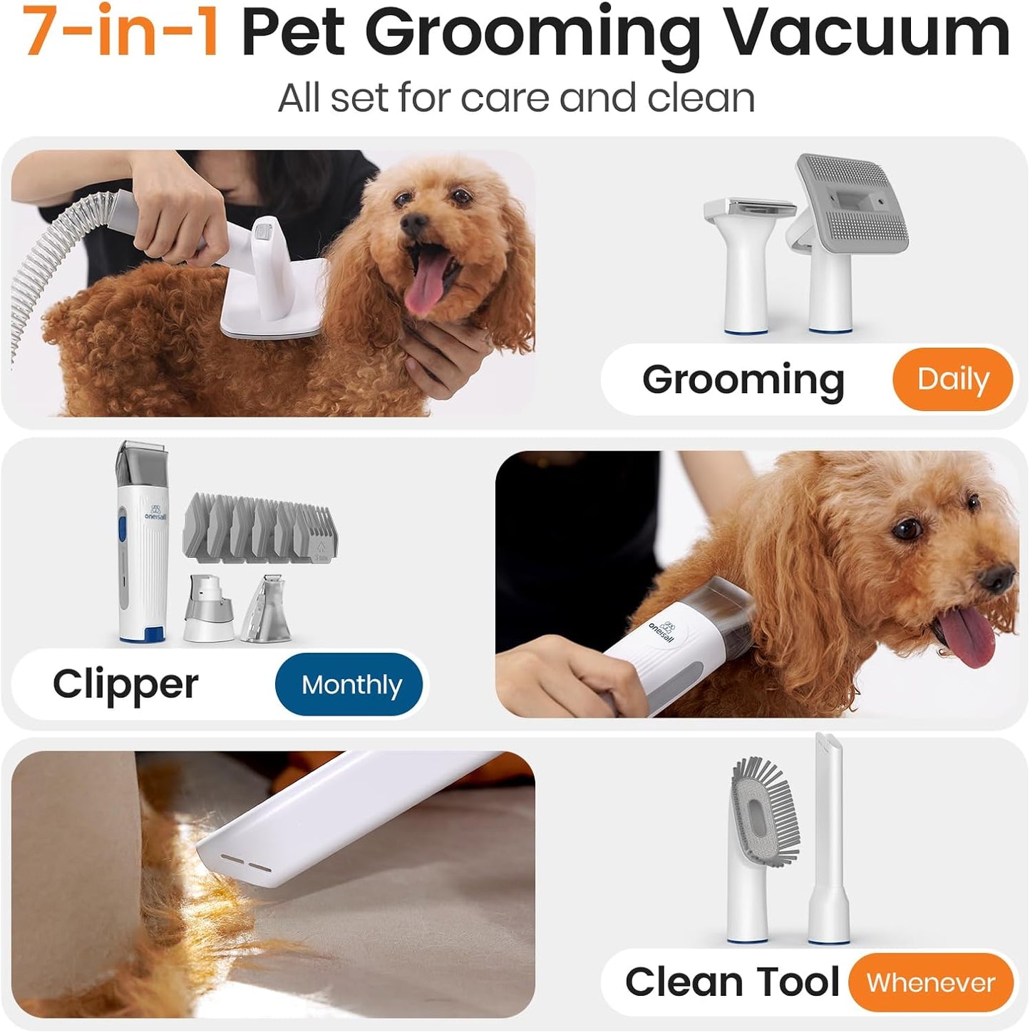 Dog Grooming Vacuum, Pet Grooming Vacuum with Clipper Nail Grinder, 1.5L Dust Cup Dog deshedding Brush with 7 Tools for Shedding Pet Hair, Home Cleaning(Blue)