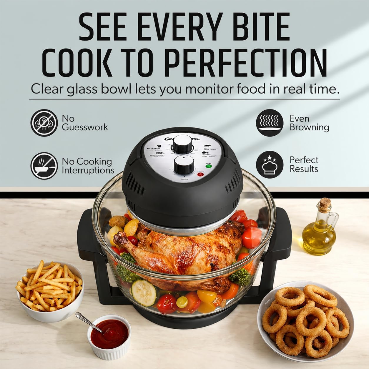 16 Qt Large Glass Air Fryer Non Toxic – Family Sized Airfyrer Cooker with 3 Cooking Sections, Stainless Steel Racks, No Preheat, Self Cleaning, Dishwasher Safe - Black