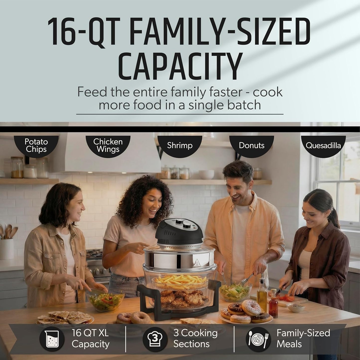 16 Qt Large Glass Air Fryer Non Toxic – Family Sized Airfyrer Cooker with 3 Cooking Sections, Stainless Steel Racks, No Preheat, Self Cleaning, Dishwasher Safe - Black