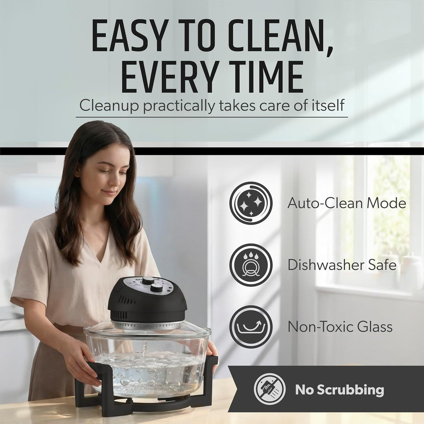 16 Qt Large Glass Air Fryer Non Toxic – Family Sized Airfyrer Cooker with 3 Cooking Sections, Stainless Steel Racks, No Preheat, Self Cleaning, Dishwasher Safe - Black