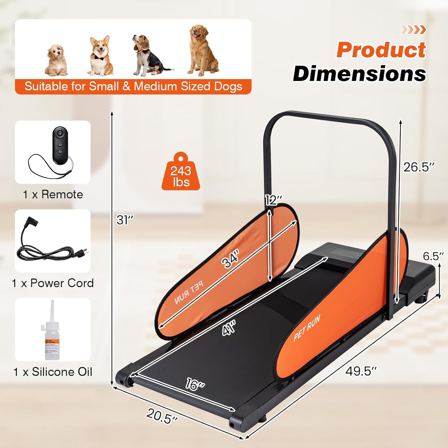 Dog Treadmill for Small & Medium Sized Dogs, 2.5 HP Low-Noise Powerful Motor, Easy-to-Monitor LED Display, Remote Control, 15 Programs, 0.6-6 Mph, Timer Function, Indoor Pet Exercise Machine