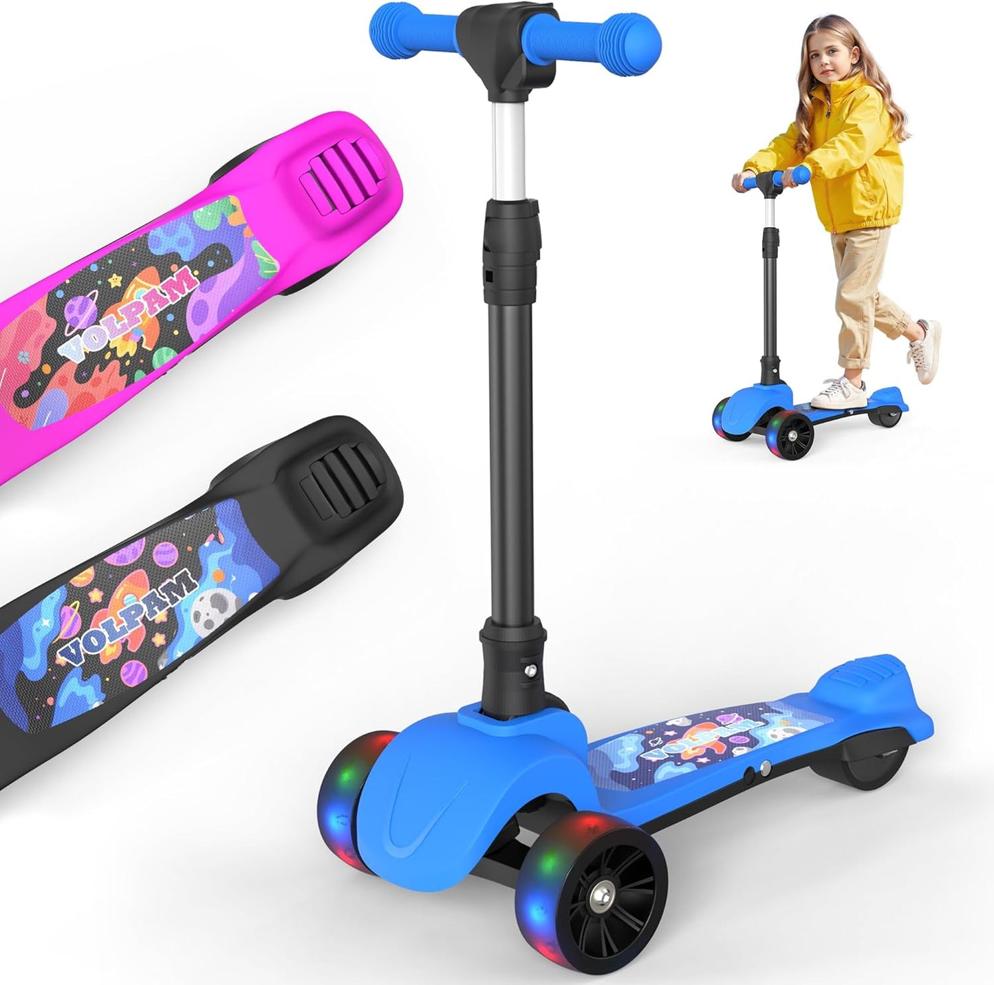 Electric Scooter, 80W Motor, 3 Levels Adjustable Handlebar, 5 Mph Safe Speed, Lighted Up Wheel, Lean-to-Steer Design, Foldable Kick Scooter Boys & Girl
