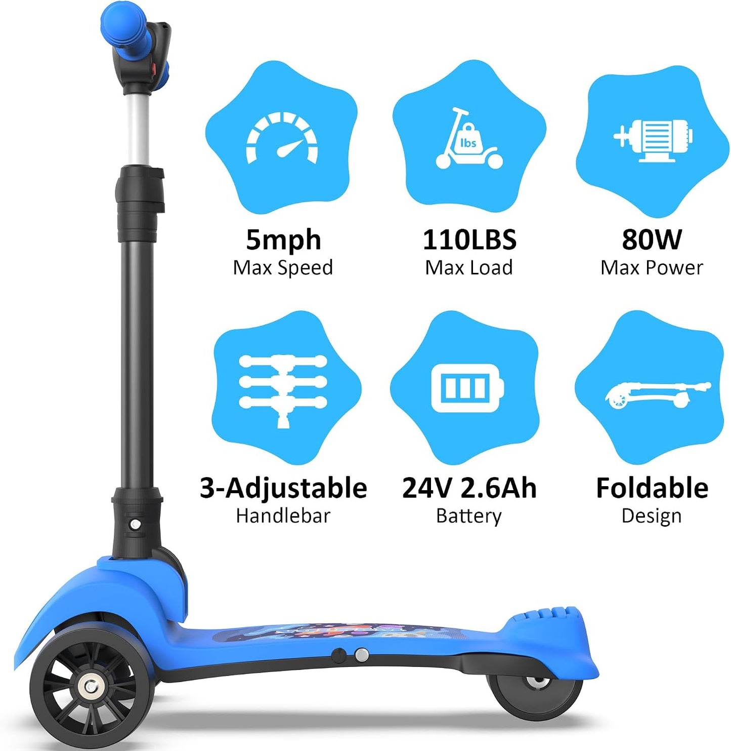Electric Scooter, 80W Motor, 3 Levels Adjustable Handlebar, 5 Mph Safe Speed, Lighted Up Wheel, Lean-to-Steer Design, Foldable Kick Scooter Boys & Girl