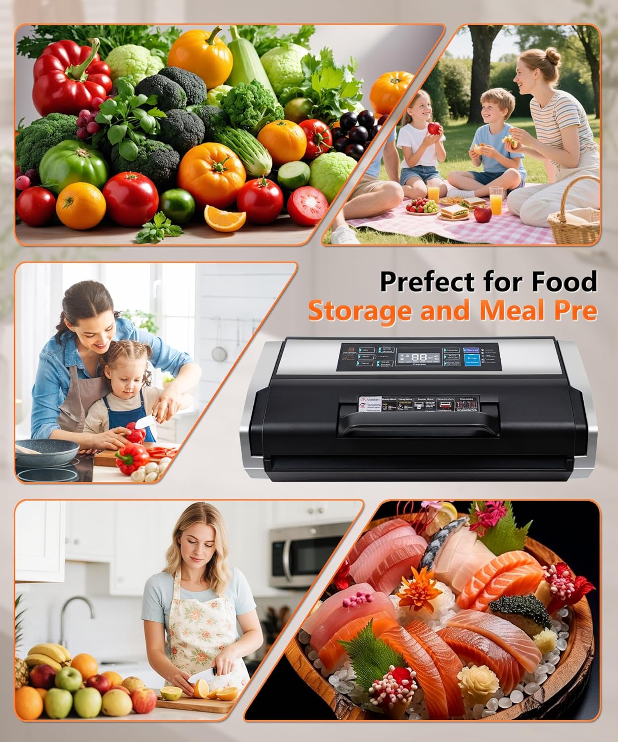 95KPa Vacuum Sealer Machine- Fully Automatic Commercial Food Sealer with 10-in-1 System, Double Heat Seal, Easy-Lock Handle & Built-in Cutter, Includes 1 Roll + 15 Bags (Black Silver)